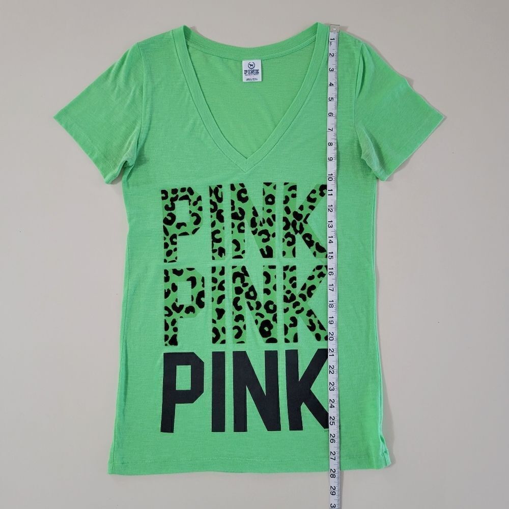 PINK Victoria's Secret Green V-neck Graphic Short Sleeve T-shirt - Picture 4 of 11